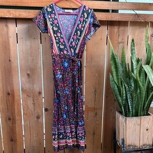 Navy Floral Maxi Wrap Dress with Pink and Yellow Accents